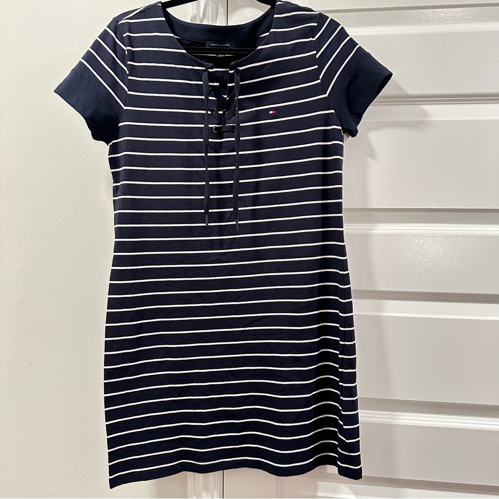 Tommy Hilfiger Navy and White Striped Mini Dress Size Medium